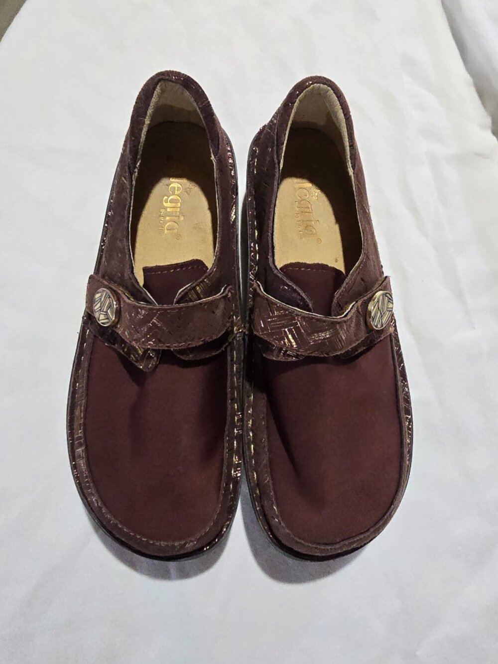 Alegria Brown Metallic Woven Leather Mary Jane Wedge Shoe Women Size 39 US 8.5-9